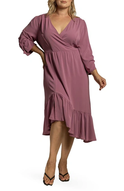 Standards & Practices Kelsie Ruched Sleeve Ruffle Midi Dress In Deep Mauve