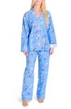 Pj Salvage Cotton Printed Flannel Pajamas & Headband Set In Bright Blue