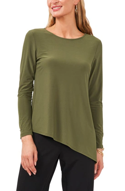 Chaus Button Sleeve Asymmetrical Top In Olive Green