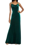Tadashi Shoji Drape-neck Cowl-back Velvet Gown In Emerald