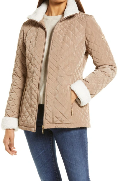 Gallery Quilted Jacket With Faux Shearling Trim In Taupe Grey