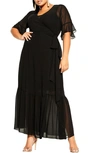 City Chic Flutter Sleeve Wrap Maxi Dress In Black