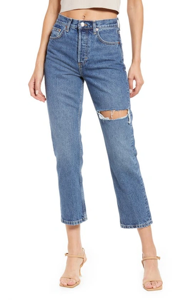 Topshop Editor Ripped Straight Leg Jeans In Mid Blue ModeSens