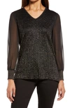 Ming Wang Sheer Sleeve Shimmer Knit Tunic In Black/gold
