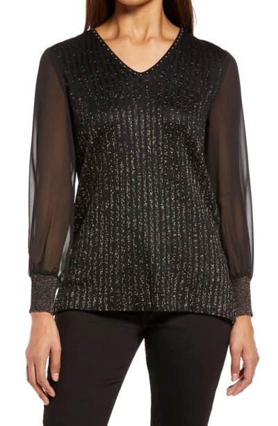 Ming Wang Sheer Sleeve Shimmer Knit Tunic In Black/gold