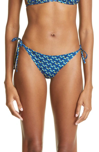Versace La Greca Monogram Print Side Tie Bikini Bottoms In 5u190 Royal Blue Yellow