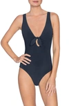 Robin Piccone Plunge Neck Tie-front One Piece Swimsuit In Navy