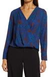 Halogenr Cross Front Blouse In Blue Multi Moody Blooms