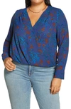 Halogenr Cross Front Blouse In Blue Multi Moody Blooms