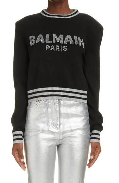 Balmain Cropped Wool Blend Knit Logo Sweater In Black