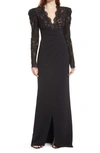 Tadashi Shoji Long Sleeve Scalloped Lace Crepe Dress In Black/ Nude