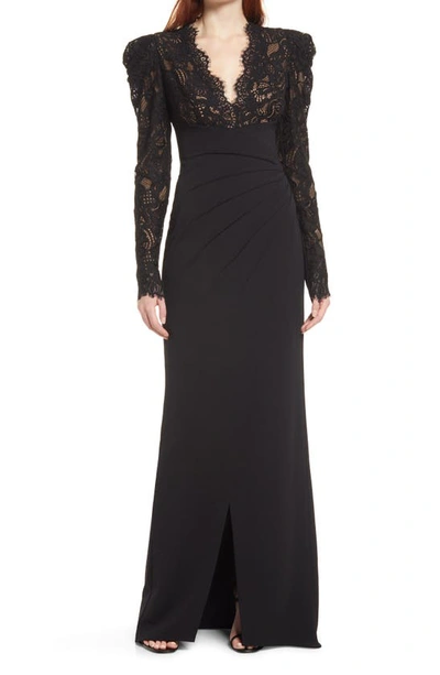 Tadashi Shoji Long Sleeve Scalloped Lace Crepe Dress In Black/ Nude