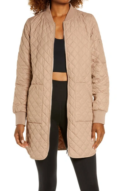 Zella Longline Water Resistant Quilted Bomber Jacket In Tan Portabella