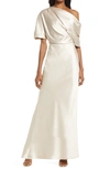 Amsale One-shoulder Fluid Satin Gown In Champagne