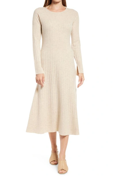 Nordstrom Rib Long Sleeve Midi Sweater Dress In Beige Oatmeal