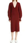 Vince Ribbed Plunge Neck Long Sleeve Wool Blend Dress In Currant