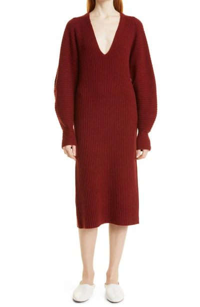 Vince Ribbed Plunge Neck Long Sleeve Wool Blend Dress In Currant
