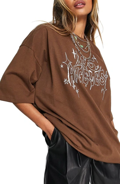 Topshop Los Angeles Short Sleeve Boyfriend T-shirt In Chocolate-brown