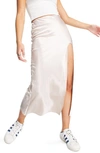 Topshop Satin Split Midi Skirt In Ash Gray In Cream