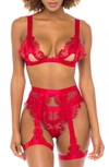 Oh La La Cheri Open Cup Bralette, High Waist Panties & Suspenders Set In Red
