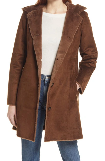 Gallery Hooded Faux Shearling Long A-line Coat In Brown