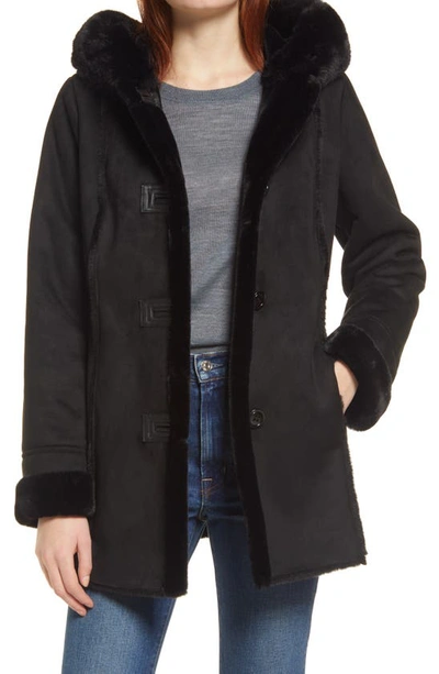 Gallery Hooded Faux Shearling A-line Coat In Black