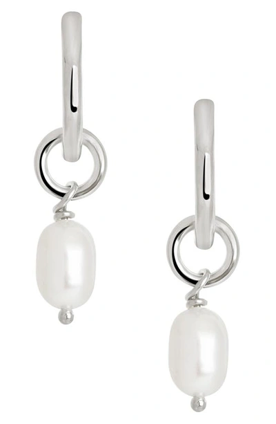 Sterling Forever Freshwater Pearl Drop Huggie Hoop Earrings In Silver
