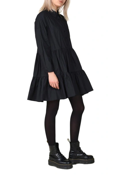 Molly Bracken Long Sleeve Tiered Cotton Mini Shirtdress In Black