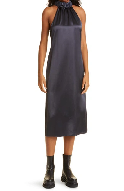 Frame Shirred Halterneck Midi Dress In Navy
