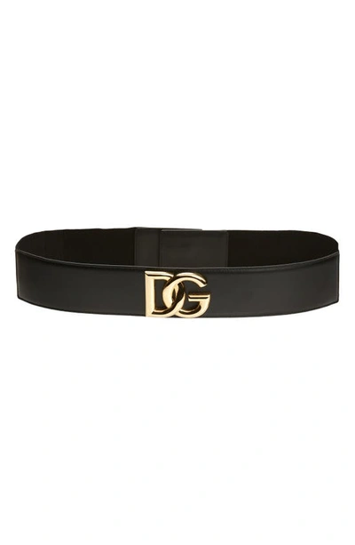 Dolce & Gabbana Logo Buckle Leather Stretch Belt In Black
