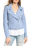 Blanknyc Morning Suede Moto Jacket In Sky Blue