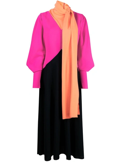 Roksanda Malika Tie-neck Color-block Wool-crepe Midi Dress In Bright Pink