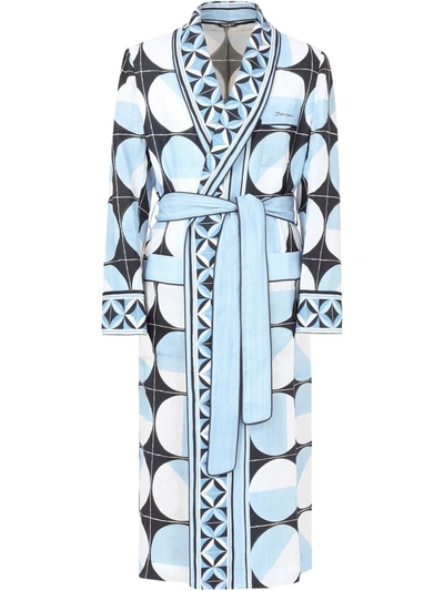 Dolce & Gabbana Majolica Print Linen Dressing Gown In Blue