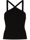Rta Mae Stretch Cotton Crossover Halter Tank In Black