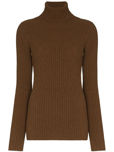 Saint Laurent Roll-neck Ribbed-knit Jumper In Brown