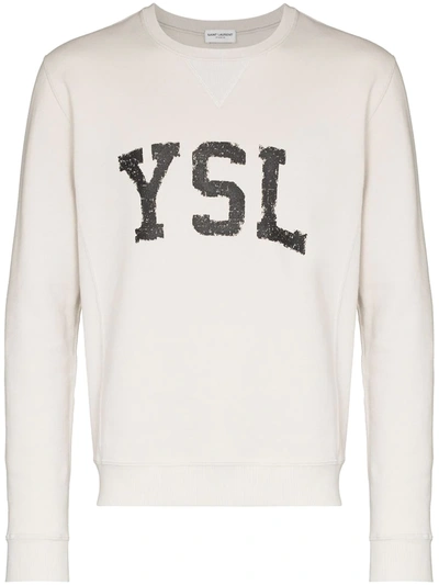Saint Laurent Logo Print Crew Neck Sweatshirt In Grey