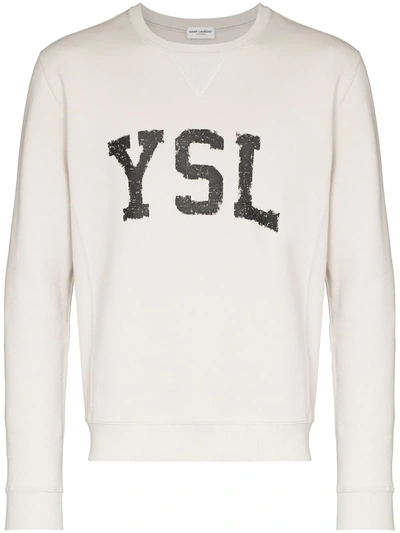 Saint Laurent Logo Print Crew Neck Sweatshirt In Neutral