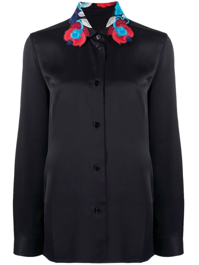 Jil Sander Floral-embroidered Collar Satin Shirt In Blue