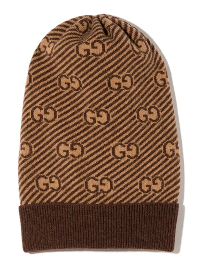 Gucci Kids' Diagonal Gg Pattern Jacquard Knit Hat In Brown