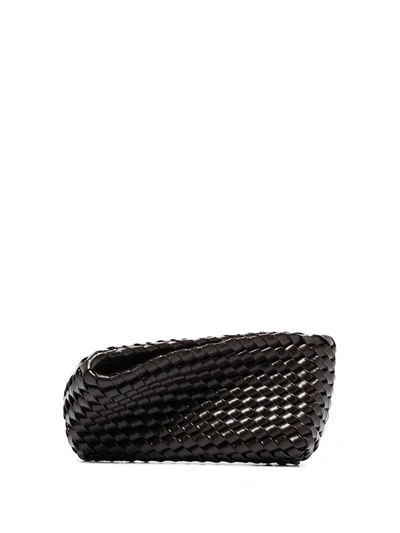 Bottega Veneta Slanted Intrecciato Patent-leather Clutch In Black