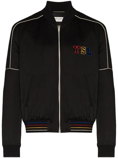 Saint Laurent Embroidered Logo Zipped Bomber Jacket In Noir