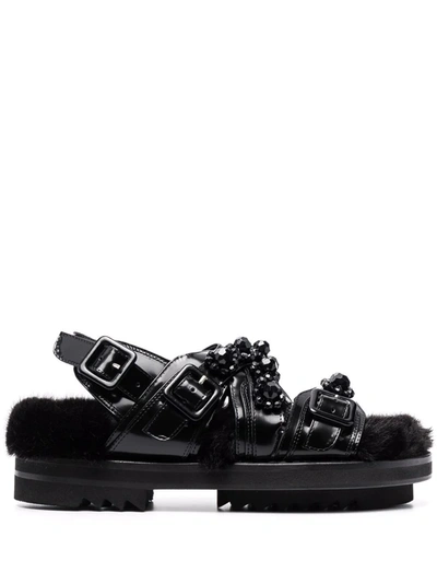 Simone Rocha Multi-strap Faux-fur Sandals In Black