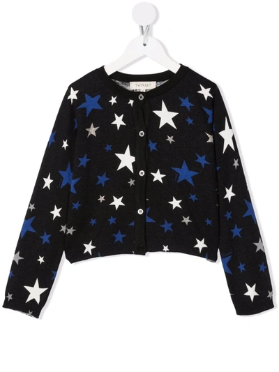 Twinset Kids' Fine-knit Star-print Cardigan In Black