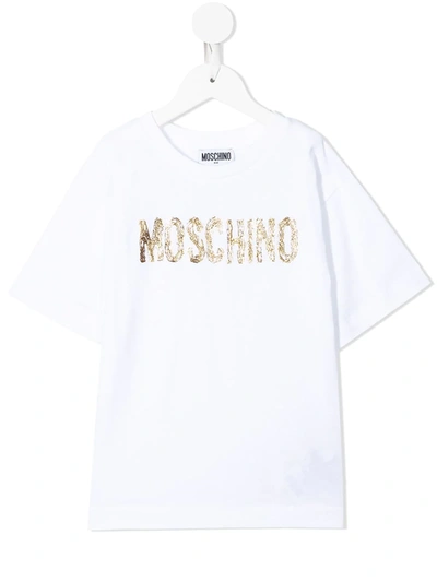 Moschino Kids' Gold Logo Print T-shirt In White
