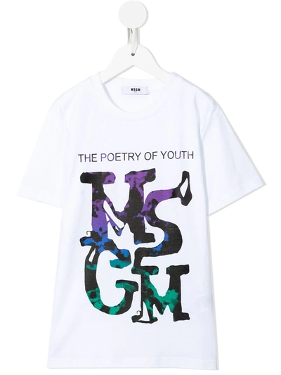 Msgm Kids' Logo-print Cotton T-shirt In White