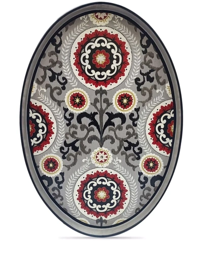 Les-ottomans Ikat Hand-painted Oval Tray In Grau