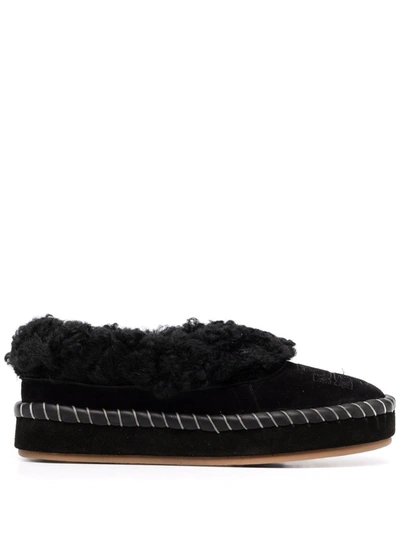 Tory Burch Suede Shearling Logo Loafer Slippers In Perfect Black