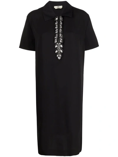 Pre-owned Fendi Crystal-embellished Zip-up Shift Dress In Black