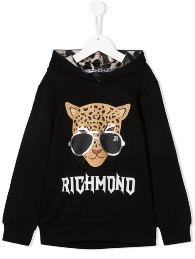 John Richmond Junior Kids' Leopard-print Cotton Hoodie In Black