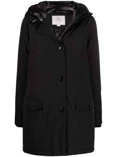 Woolrich Hooded Button-down Coat In Black